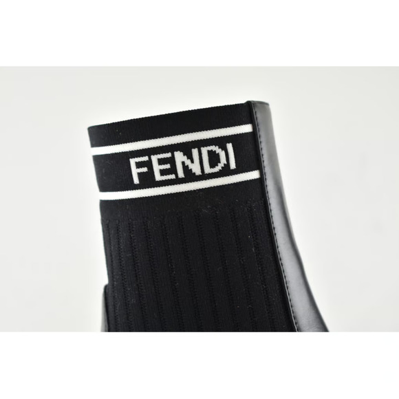 Fendi Rockoko Black Scuba Stretch FF Logo Knit Sock Ankle Kitten Heel Bootie 35 - Picture 5 of 11